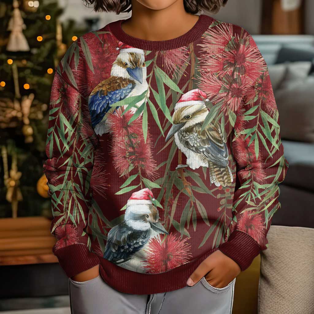 Australia Christmas Kid Ugly Christmas Sweater Kookaburra Santa on Red Bottlebrush