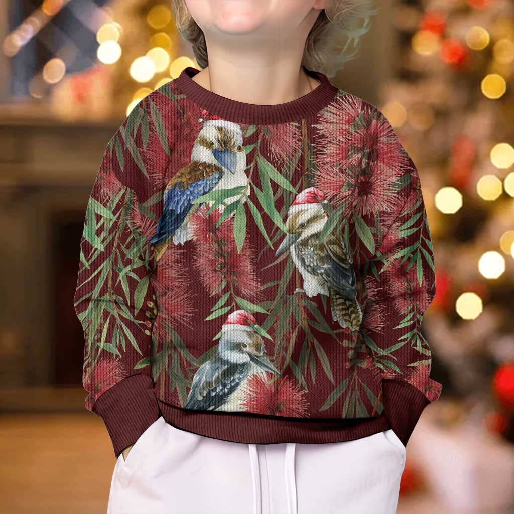 Australia Christmas Kid Ugly Christmas Sweater Kookaburra Santa on Red Bottlebrush