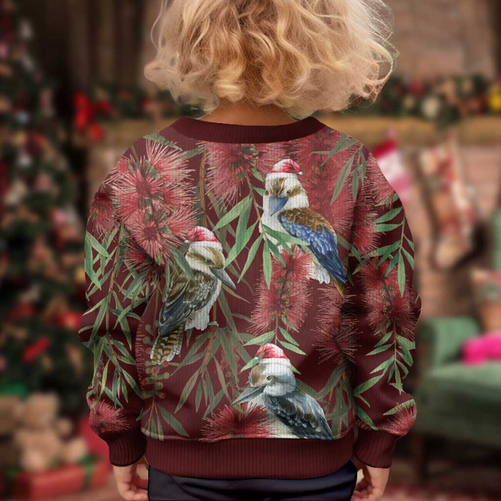 Australia Christmas Kid Ugly Christmas Sweater Kookaburra Santa on Red Bottlebrush