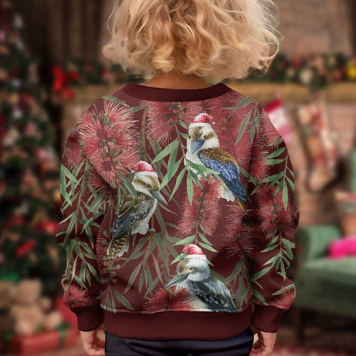 Australia Christmas Kid Ugly Christmas Sweater Kookaburra Santa on Red Bottlebrush