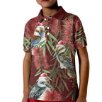 Australia Christmas Kid Polo Shirt Kookaburra Santa on Red Bottlebrush