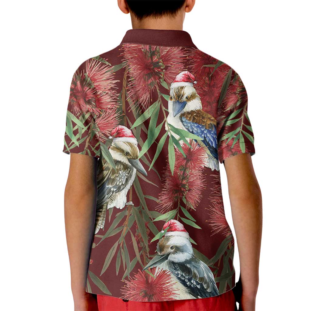 Australia Christmas Kid Polo Shirt Kookaburra Santa on Red Bottlebrush
