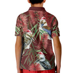 Australia Christmas Kid Polo Shirt Kookaburra Santa on Red Bottlebrush