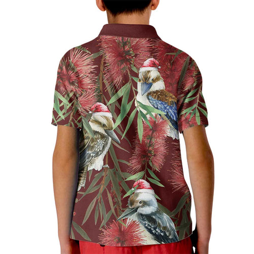 Australia Christmas Kid Polo Shirt Kookaburra Santa on Red Bottlebrush