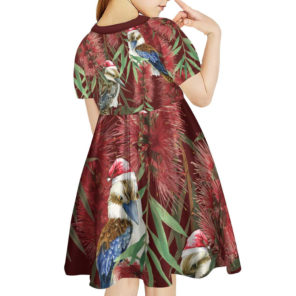 Australia Christmas Kid Short Sleeve Dress Kookaburra Santa on Red Bottlebrush