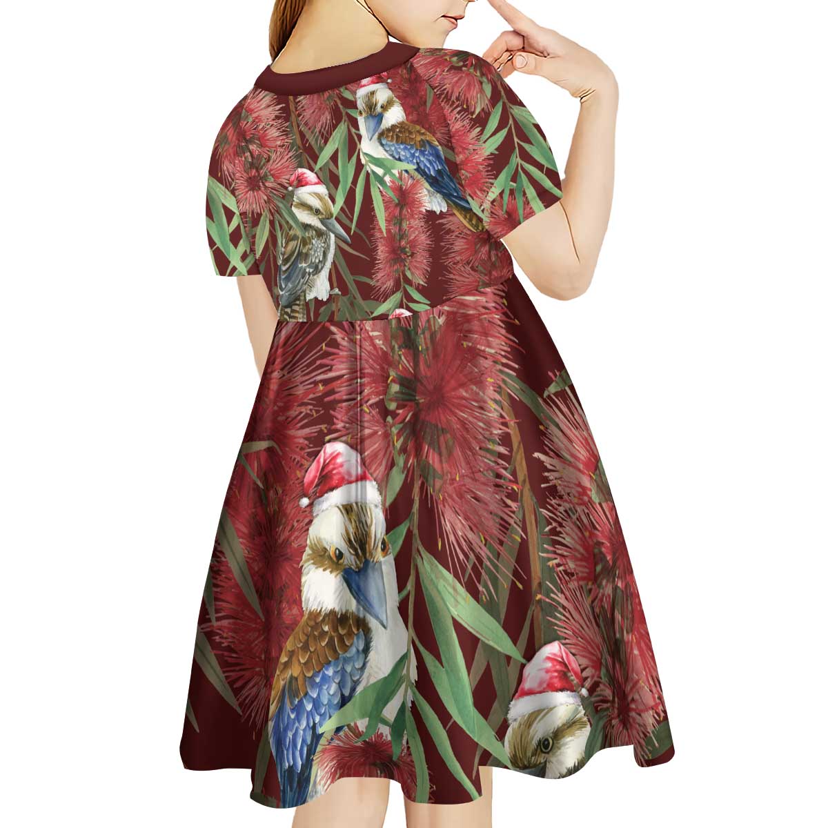Australia Christmas Kid Short Sleeve Dress Kookaburra Santa on Red Bottlebrush