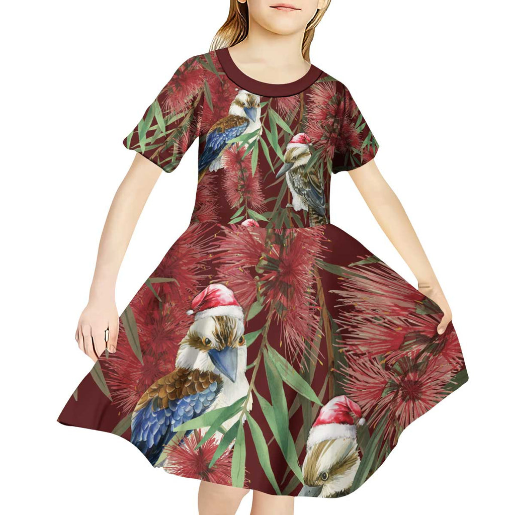 Australia Christmas Kid Short Sleeve Dress Kookaburra Santa on Red Bottlebrush