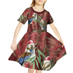 Australia Christmas Kid Short Sleeve Dress Kookaburra Santa on Red Bottlebrush