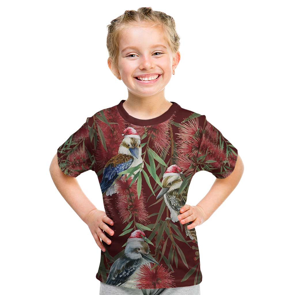 Australia Christmas Kid T Shirt Kookaburra Santa on Red Bottlebrush