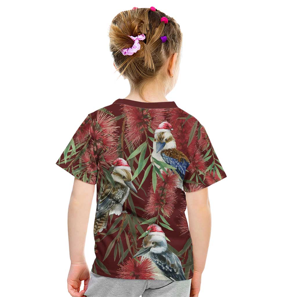 Australia Christmas Kid T Shirt Kookaburra Santa on Red Bottlebrush