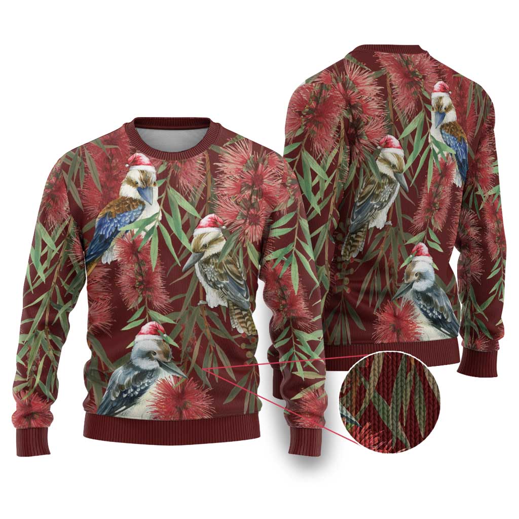 Australia Christmas Ugly Christmas Sweater Kookaburra Santa on Red Bottlebrush