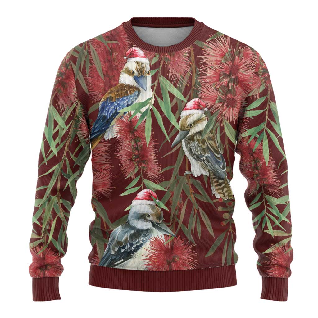Australia Christmas Ugly Christmas Sweater Kookaburra Santa on Red Bottlebrush