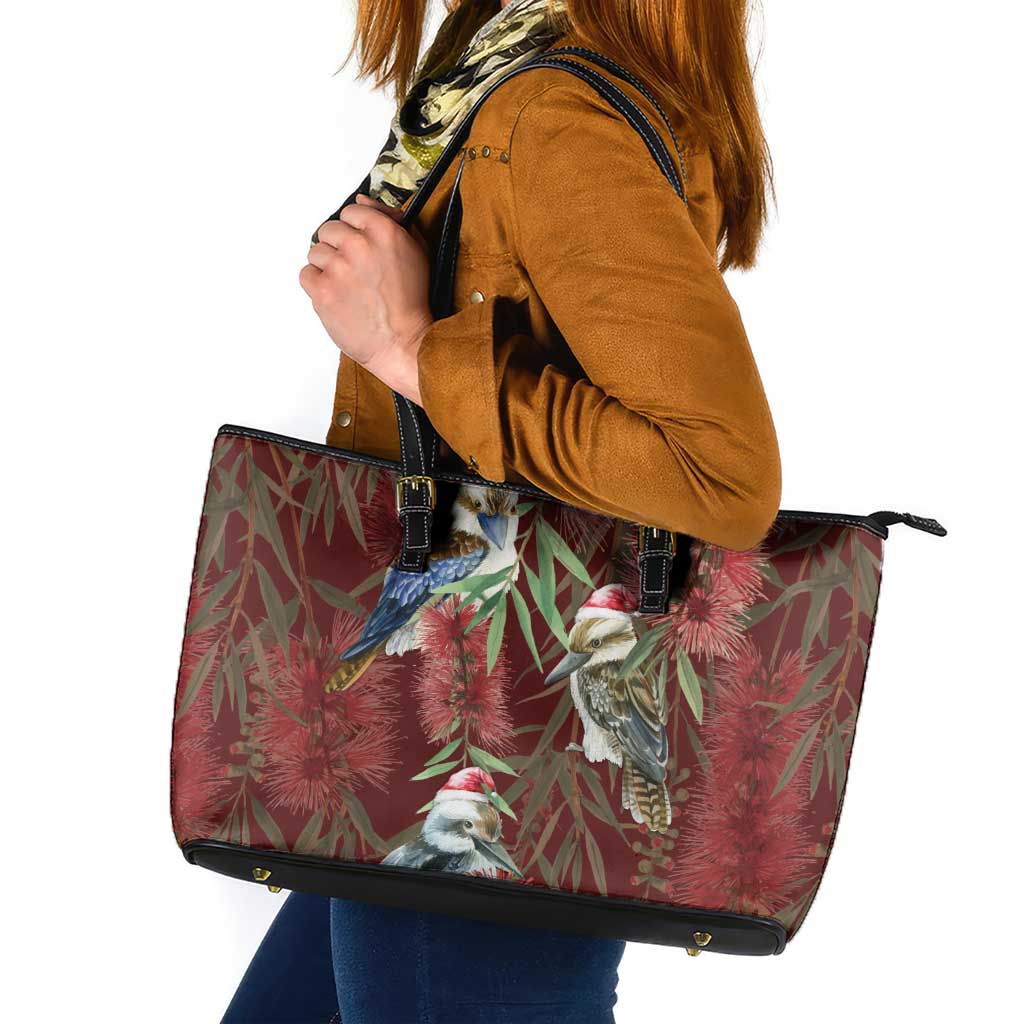 Australia Christmas Leather Tote Bag Kookaburra Santa on Red Bottlebrush