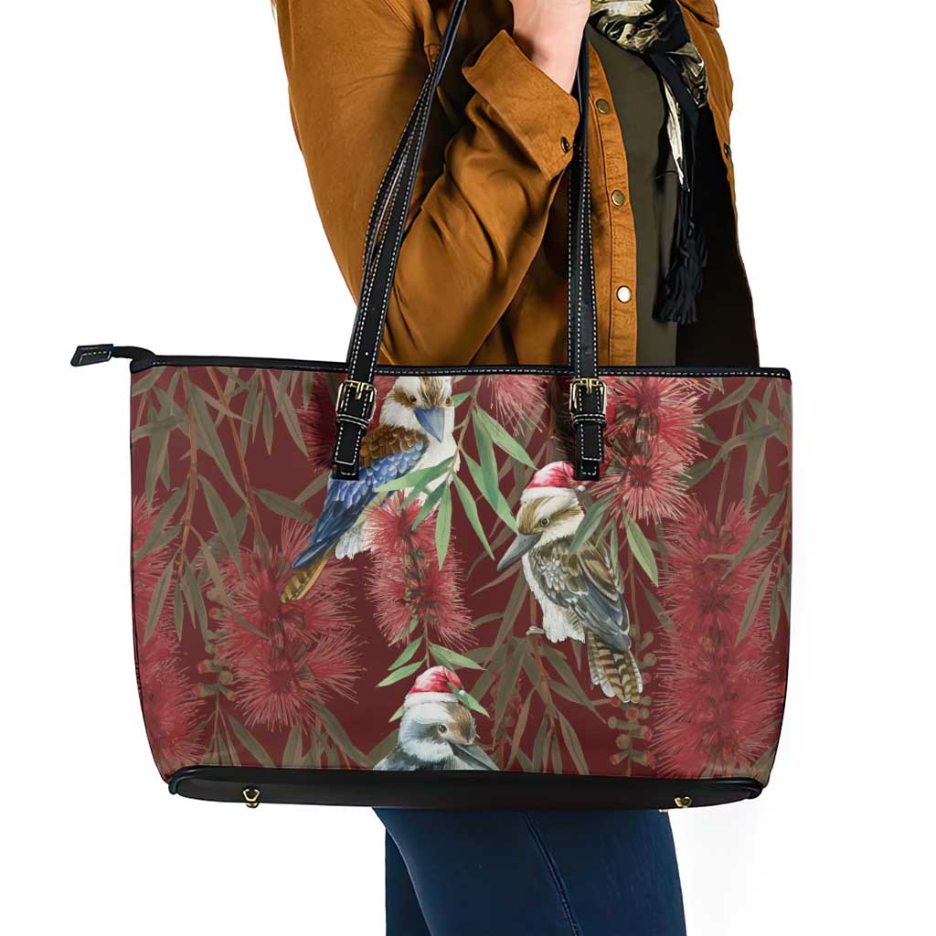 Australia Christmas Leather Tote Bag Kookaburra Santa on Red Bottlebrush