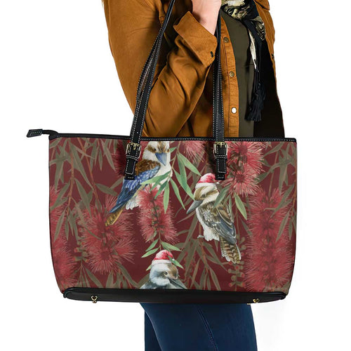 Australia Christmas Leather Tote Bag Kookaburra Santa on Red Bottlebrush