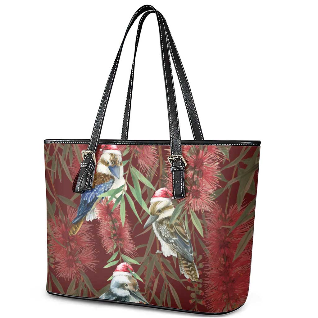 Australia Christmas Leather Tote Bag Kookaburra Santa on Red Bottlebrush