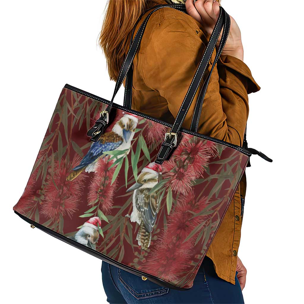 Australia Christmas Leather Tote Bag Kookaburra Santa on Red Bottlebrush