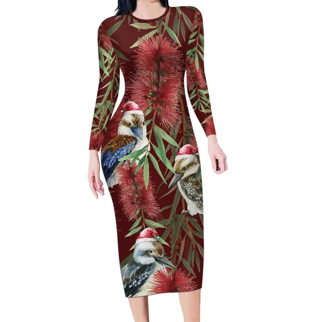 Australia Christmas Long Sleeve Bodycon Dress Kookaburra Santa on Red Bottlebrush