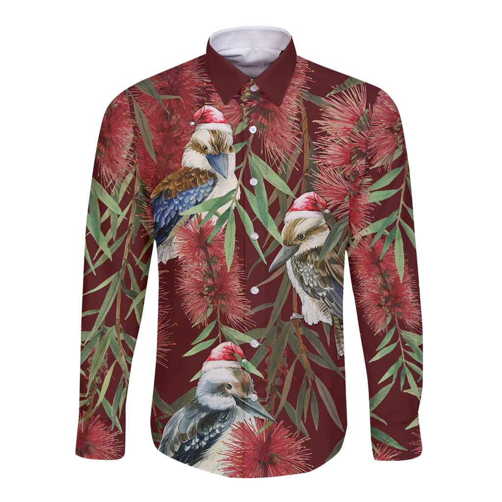 Australia Christmas Long Sleeve Button Shirt Kookaburra Santa on Red Bottlebrush