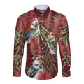 Australia Christmas Long Sleeve Button Shirt Kookaburra Santa on Red Bottlebrush