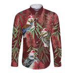 Australia Christmas Long Sleeve Button Shirt Kookaburra Santa on Red Bottlebrush