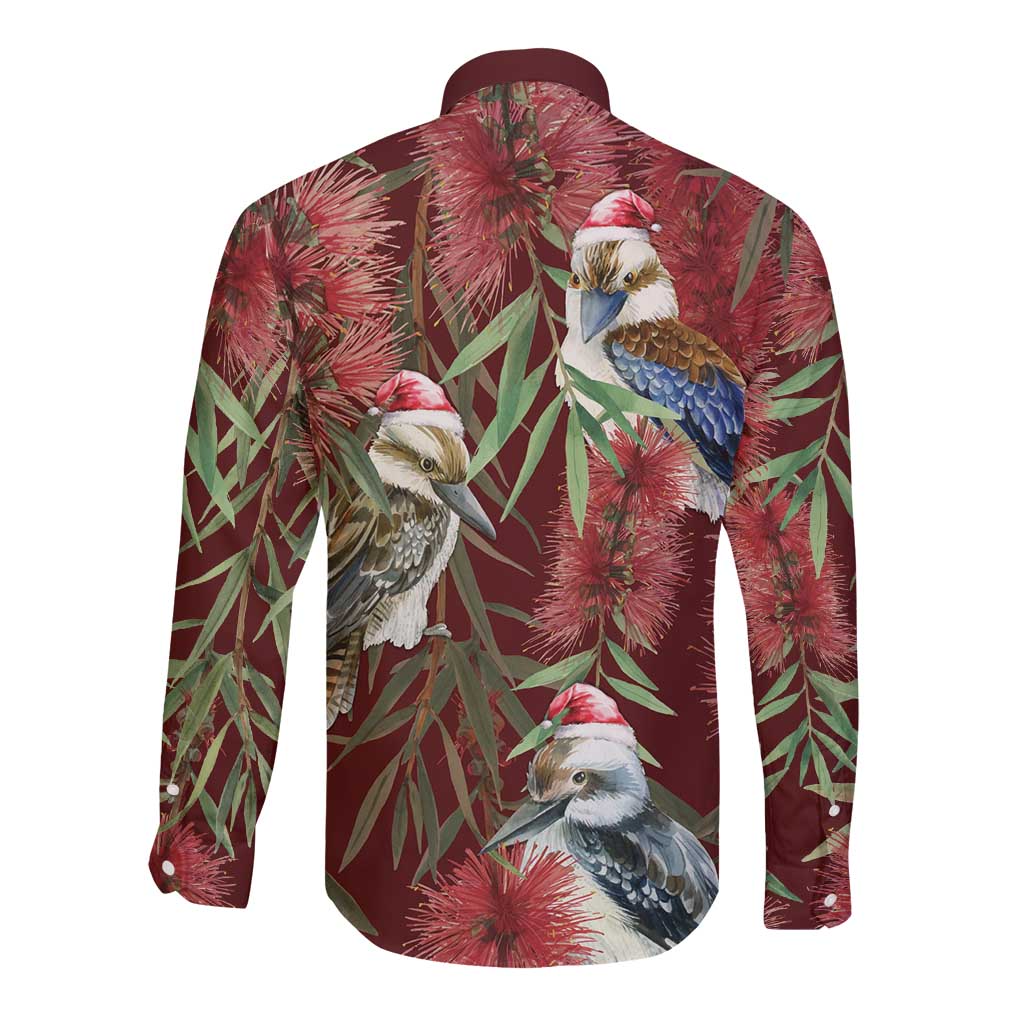 Australia Christmas Long Sleeve Button Shirt Kookaburra Santa on Red Bottlebrush
