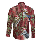 Australia Christmas Long Sleeve Button Shirt Kookaburra Santa on Red Bottlebrush