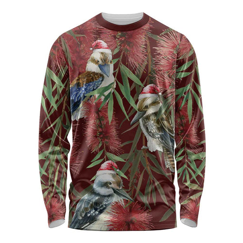 Australia Christmas Long Sleeve Shirt Kookaburra Santa on Red Bottlebrush