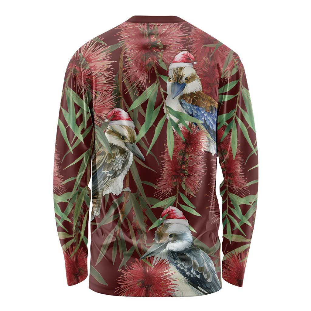 Australia Christmas Long Sleeve Shirt Kookaburra Santa on Red Bottlebrush