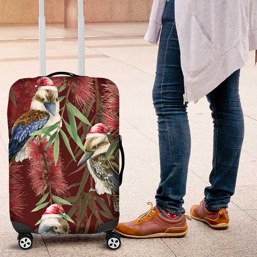 Australia Christmas Luggage Cover Kookaburra Santa on Red Bottlebrush