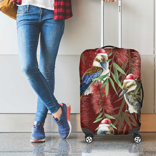 Australia Christmas Luggage Cover Kookaburra Santa on Red Bottlebrush