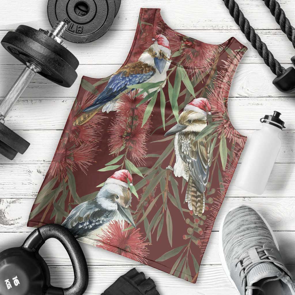 Australia Christmas Men Tank Top Kookaburra Santa on Red Bottlebrush