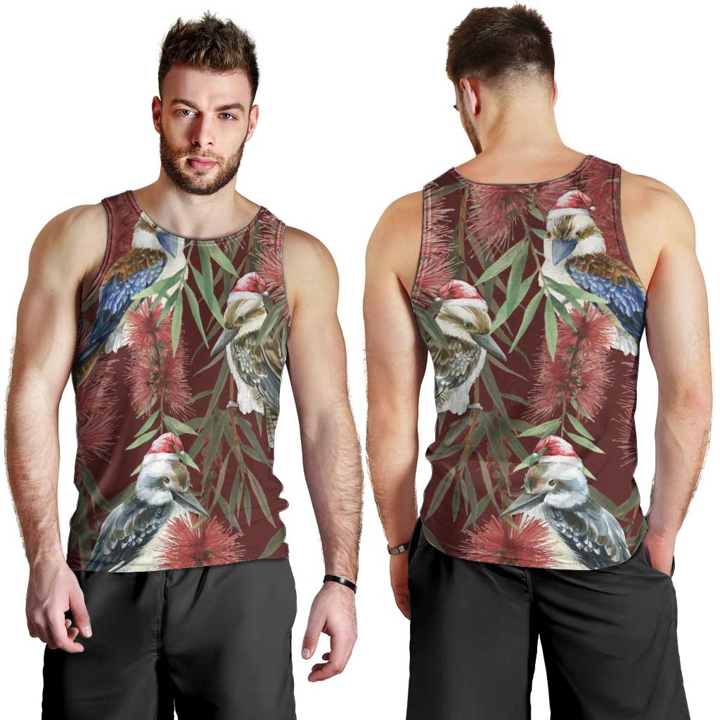 Australia Christmas Men Tank Top Kookaburra Santa on Red Bottlebrush