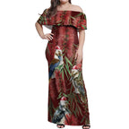 Australia Christmas Off Shoulder Maxi Dress Kookaburra Santa on Red Bottlebrush