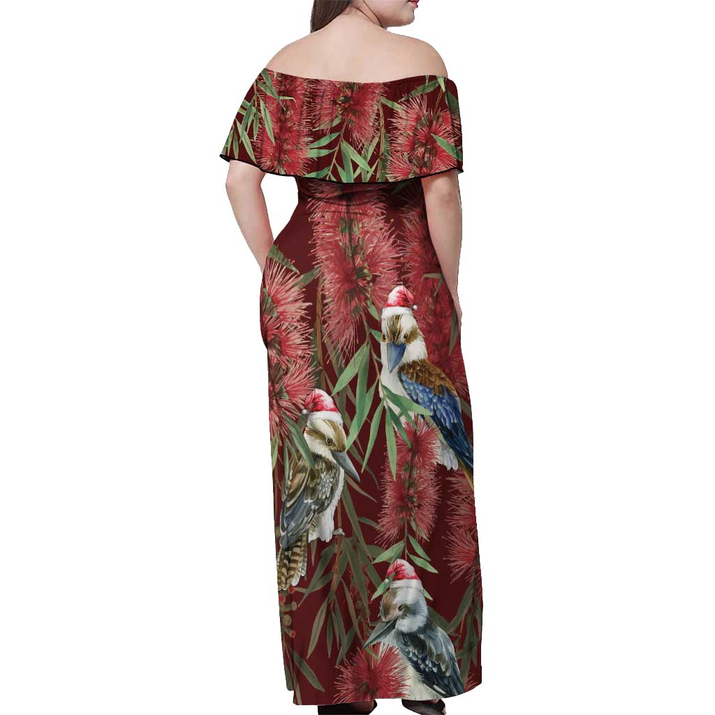 Australia Christmas Off Shoulder Maxi Dress Kookaburra Santa on Red Bottlebrush