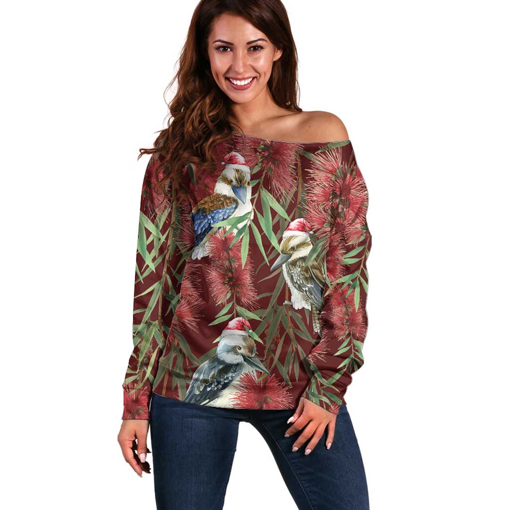 Australia Christmas Off Shoulder Sweater Kookaburra Santa on Red Bottlebrush