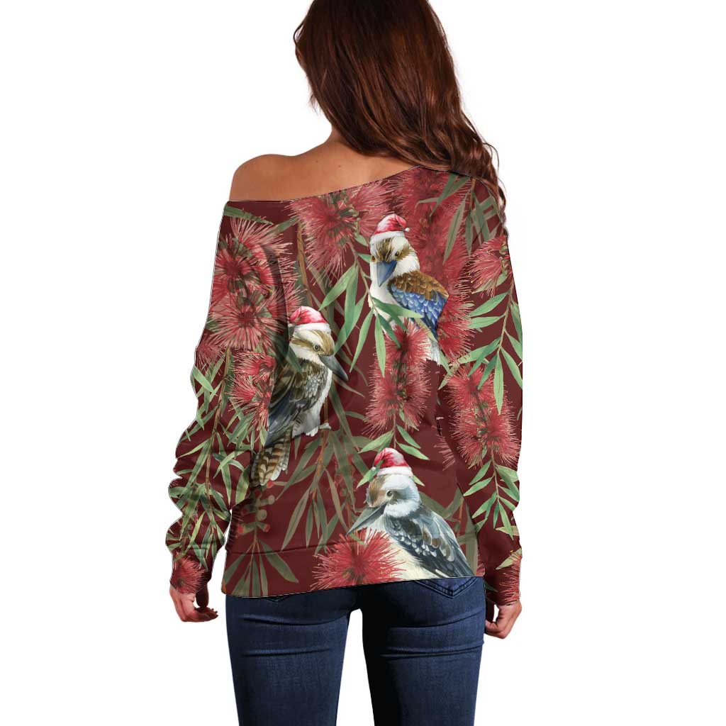 Australia Christmas Off Shoulder Sweater Kookaburra Santa on Red Bottlebrush