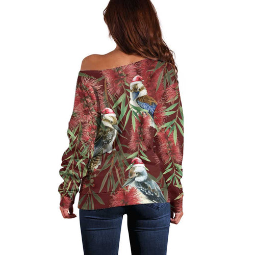 Australia Christmas Off Shoulder Sweater Kookaburra Santa on Red Bottlebrush