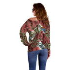 Australia Christmas Off Shoulder Sweater Kookaburra Santa on Red Bottlebrush