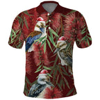 Australia Christmas Polo Shirt Kookaburra Santa on Red Bottlebrush