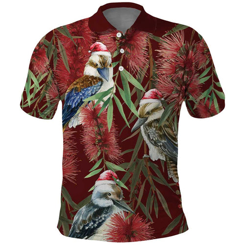 Australia Christmas Polo Shirt Kookaburra Santa on Red Bottlebrush