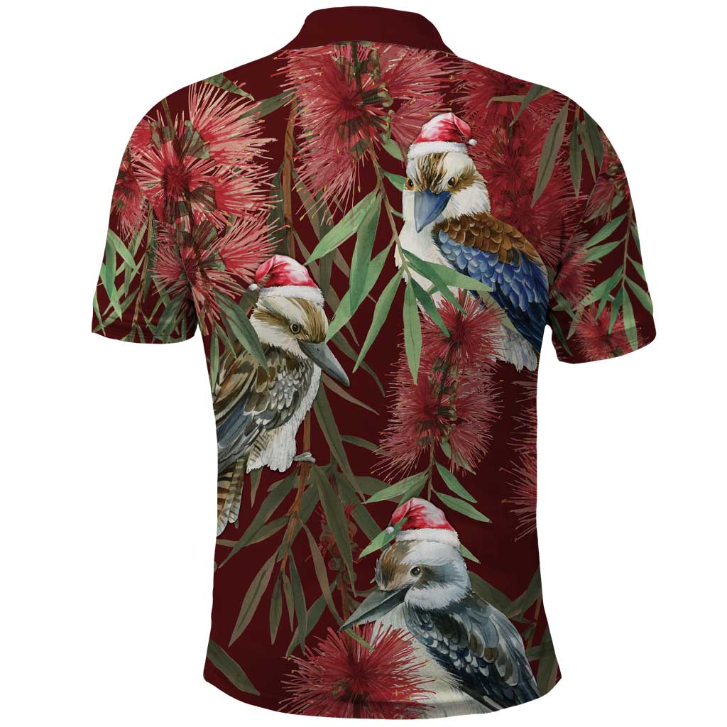 Australia Christmas Polo Shirt Kookaburra Santa on Red Bottlebrush