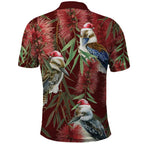 Australia Christmas Polo Shirt Kookaburra Santa on Red Bottlebrush