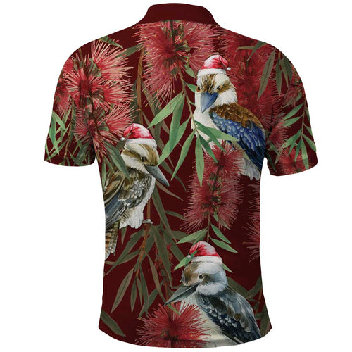 Australia Christmas Polo Shirt Kookaburra Santa on Red Bottlebrush
