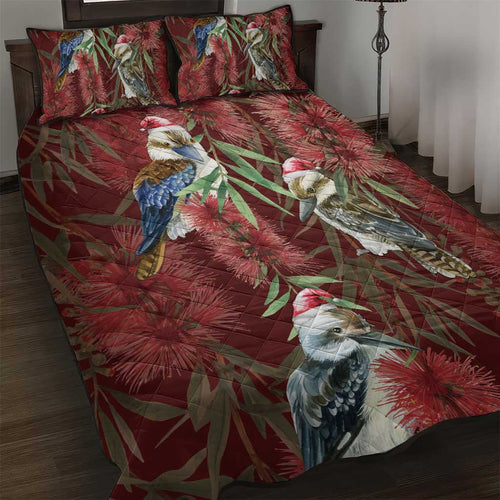 Australia Christmas Quilt Bed Set Kookaburra Santa on Red Bottlebrush