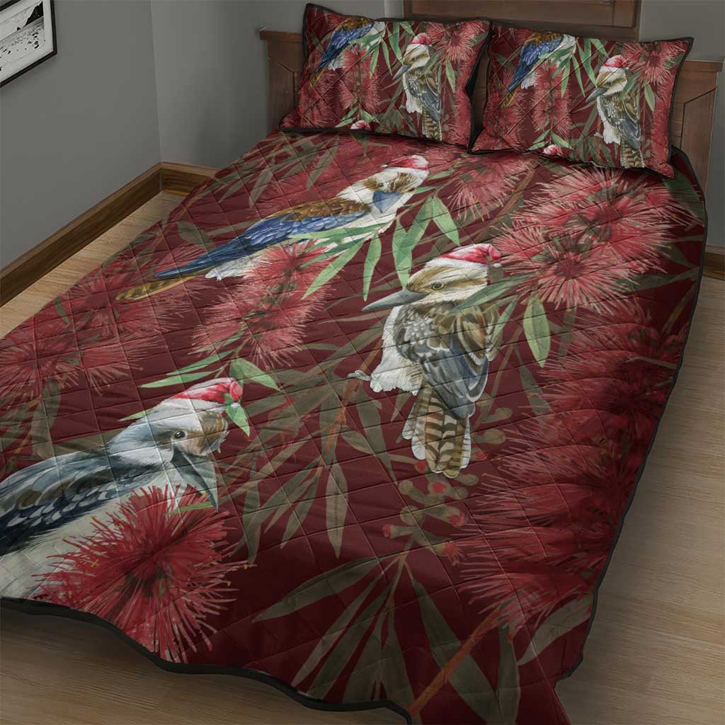 Australia Christmas Quilt Bed Set Kookaburra Santa on Red Bottlebrush