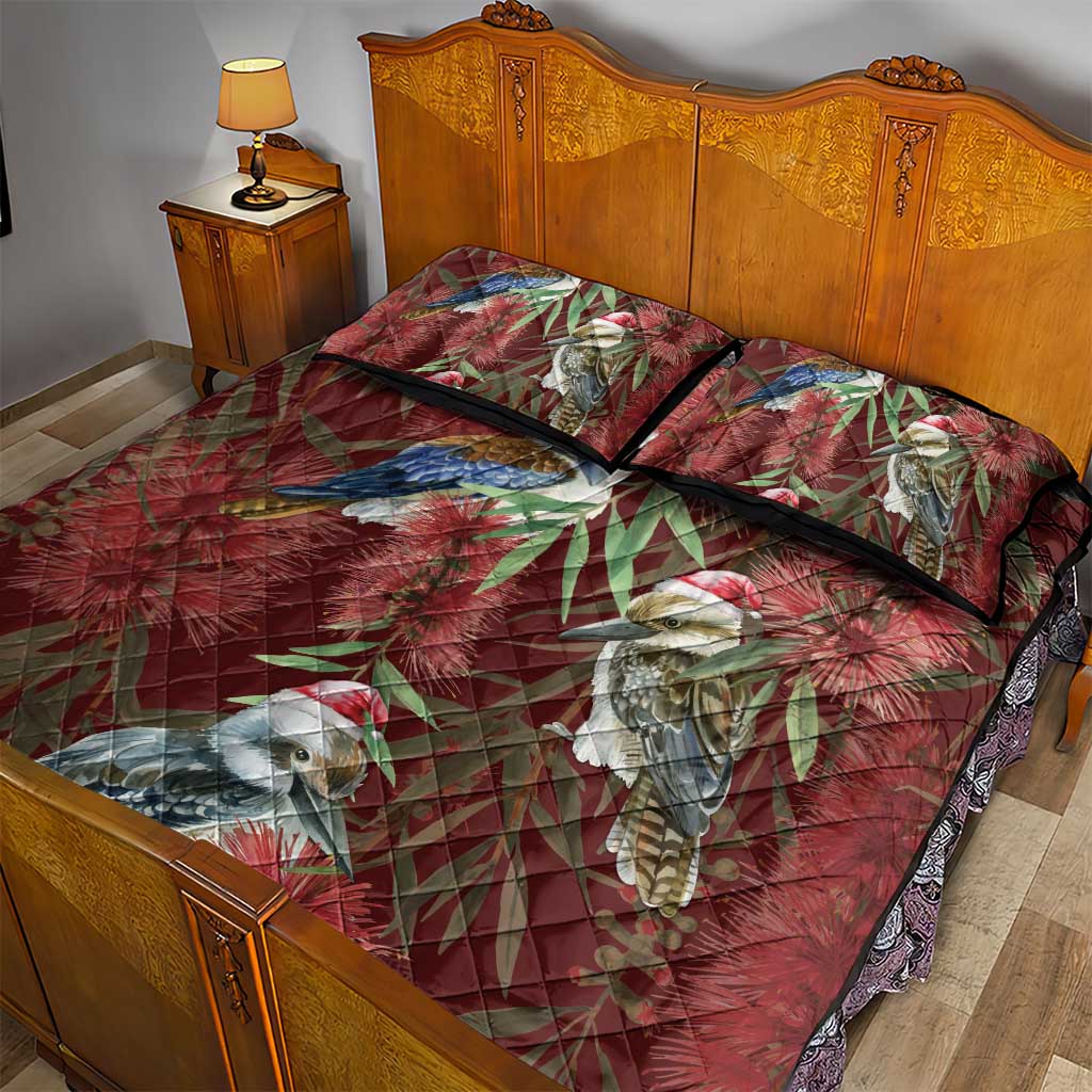 Australia Christmas Quilt Bed Set Kookaburra Santa on Red Bottlebrush