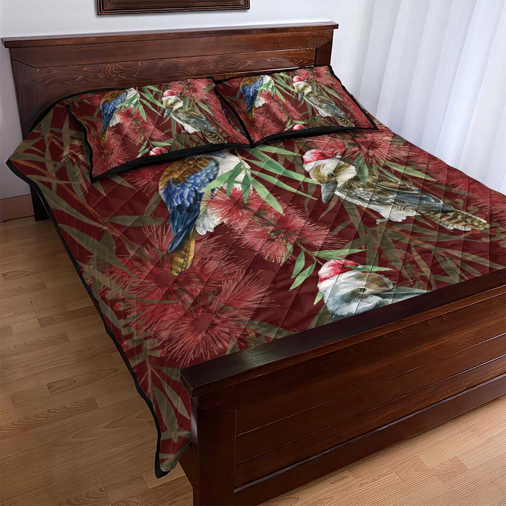 Australia Christmas Quilt Bed Set Kookaburra Santa on Red Bottlebrush