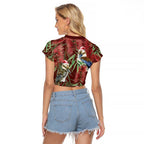 Australia Christmas Raglan Cropped T Shirt Kookaburra Santa on Red Bottlebrush