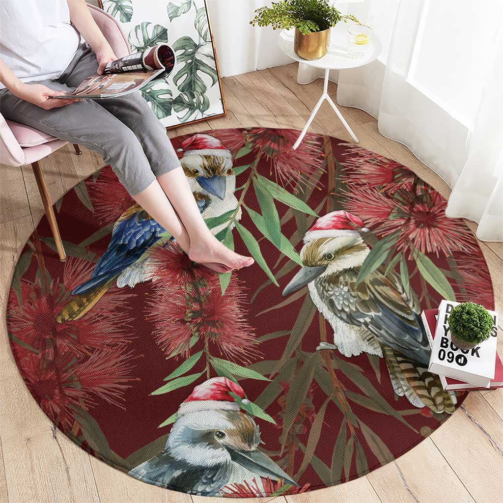 Australia Christmas Round Carpet Kookaburra Santa on Red Bottlebrush